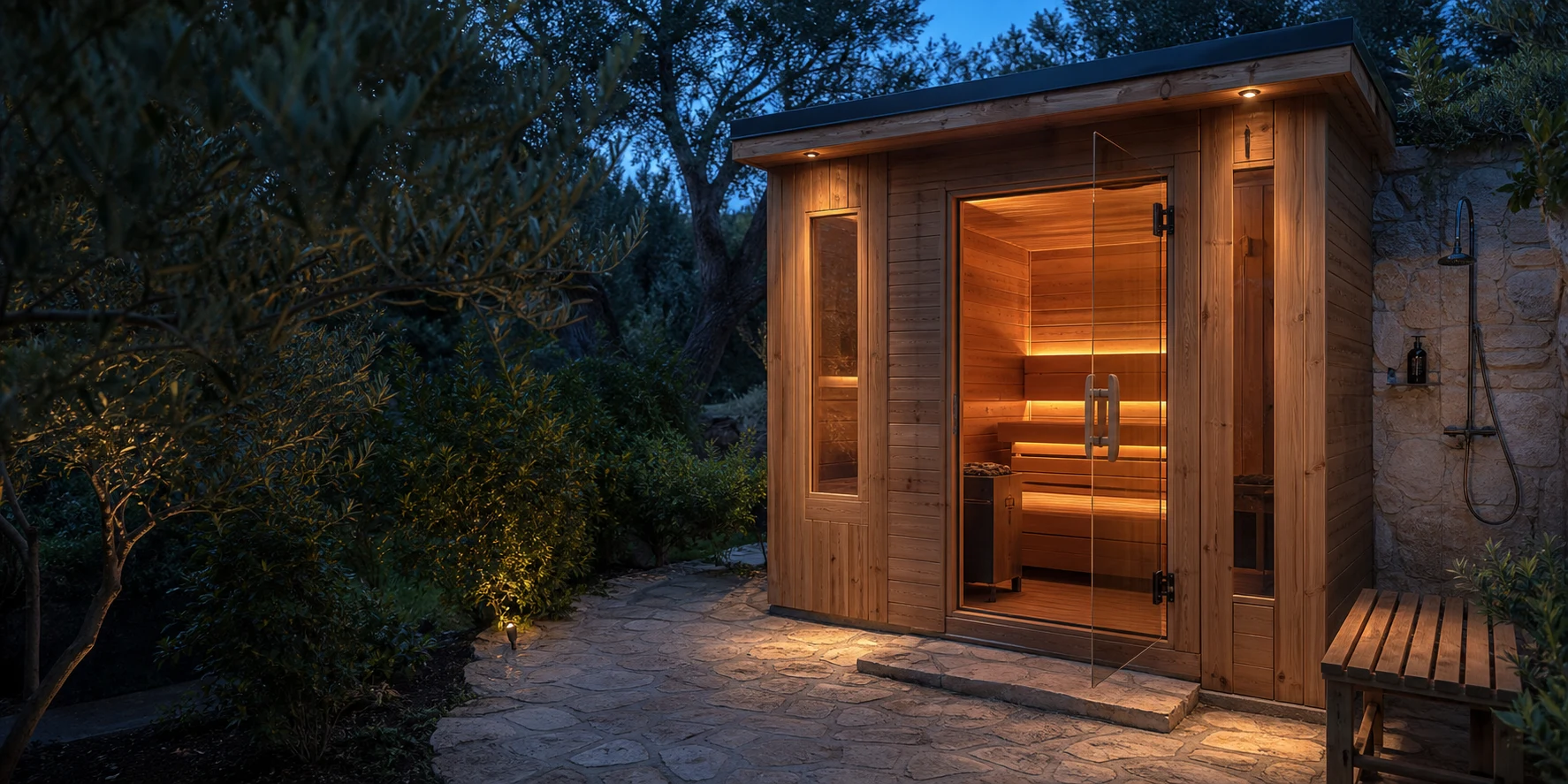 Sauna en cèdre dans un jardin