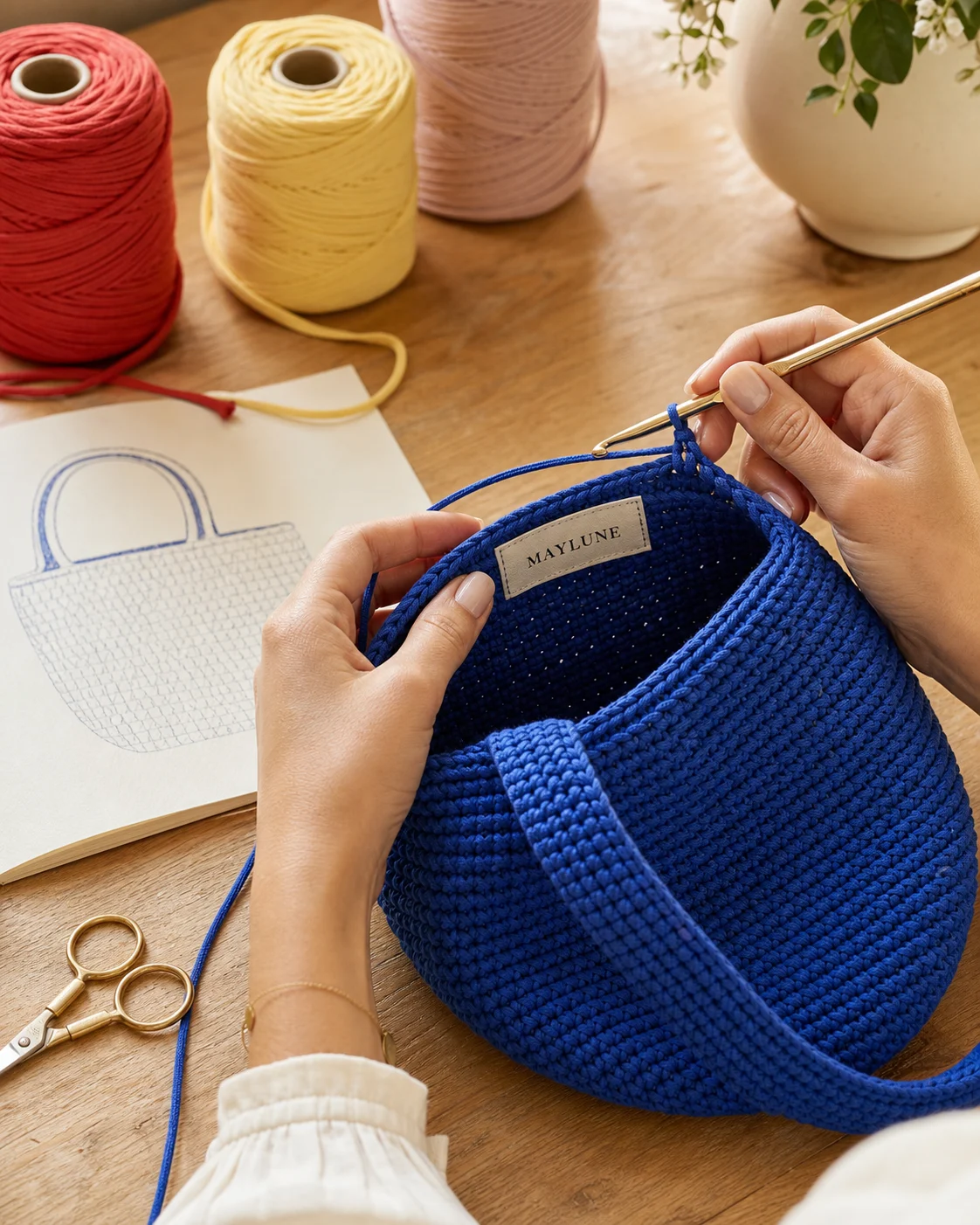 Joudy crochetant un sac MAYLUNE dans son atelier